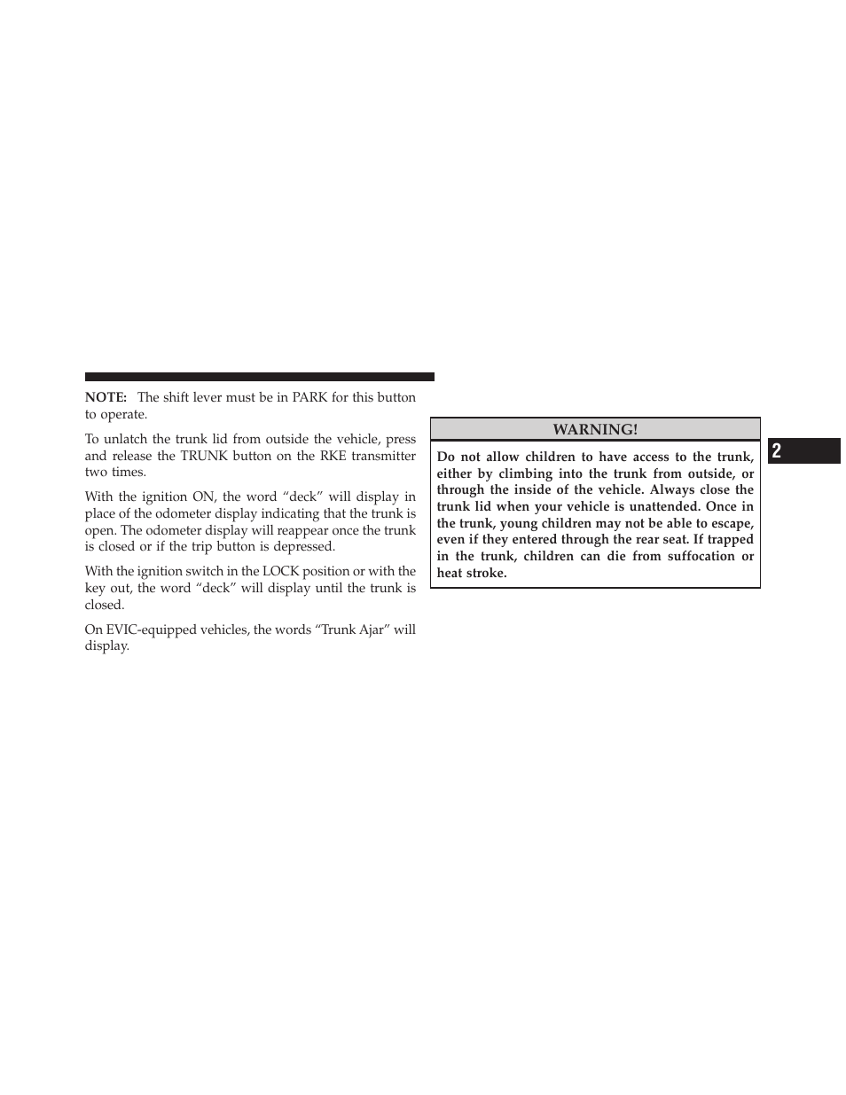Trunk safety warning | Chrysler 2010 Sebring - Owner Manual User Manual | Page 38 / 444