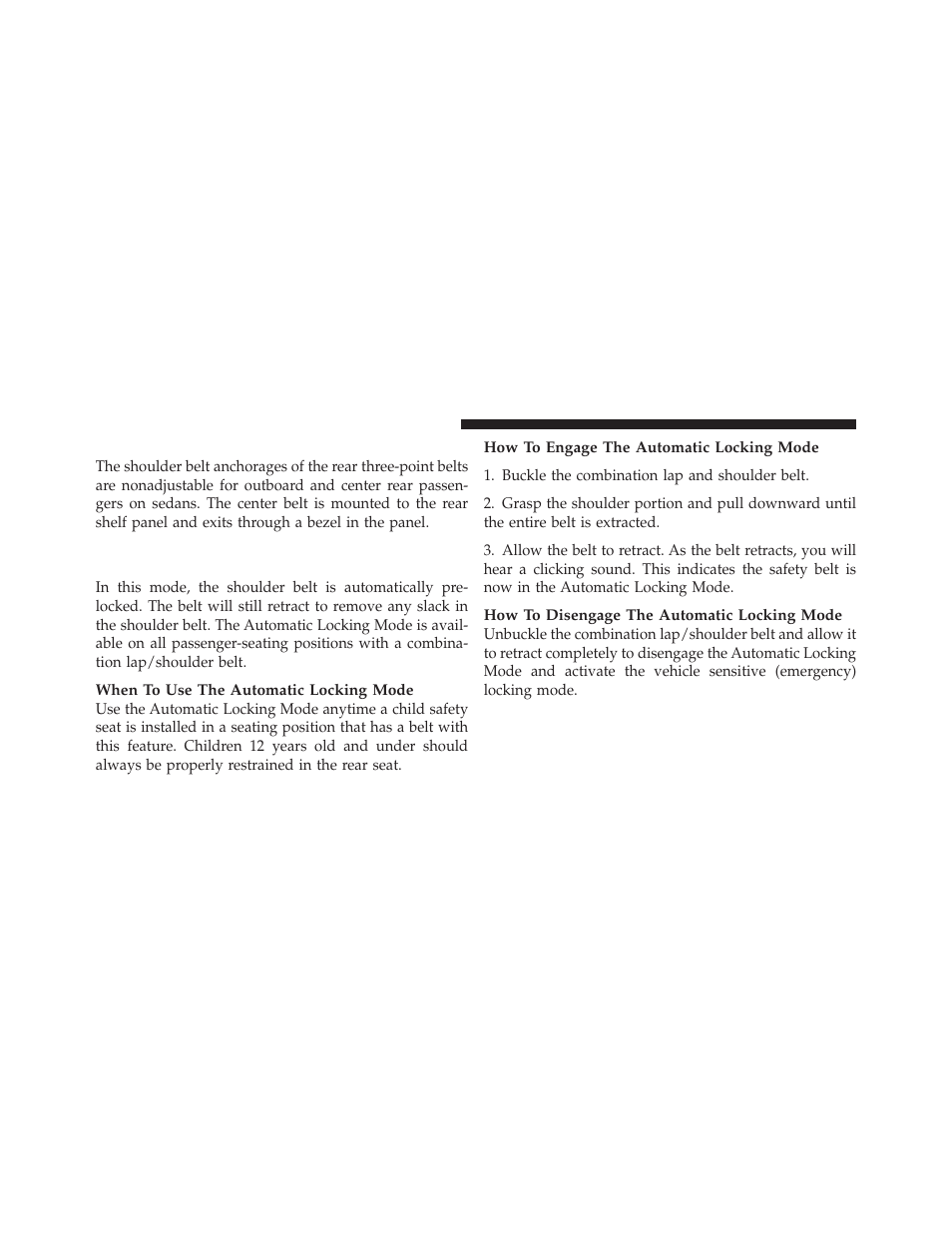 Rear seat belts, Automatic locking retractors (alr), Mode — if equipped | Chrysler 2010 Sebring - Owner Manual User Manual | Page 47 / 444
