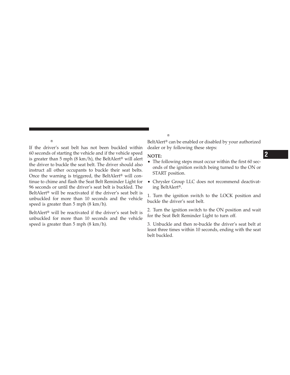 Enhanced seat belt use reminder system (beltalert), Beltalert programming, Enhanced seat belt use reminder system | Beltalert, Beltalert௡ programming | Chrysler 2010 Sebring - Owner Manual User Manual | Page 52 / 444