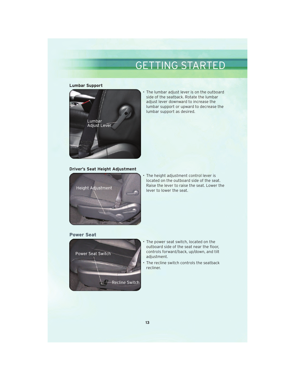 Power seat, Getting started | Chrysler 2010 Sebring - User Guide User Manual | Page 15 / 76