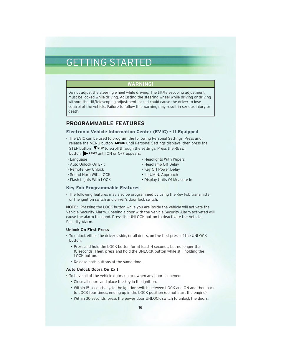 Programmable features, Key fob programmable features, Getting started | Chrysler 2010 Sebring - User Guide User Manual | Page 18 / 76