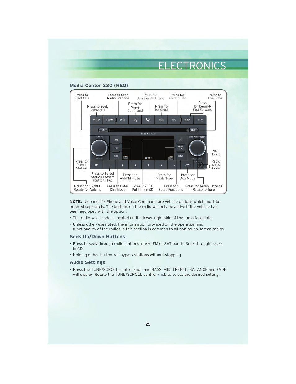 Media center 230 (req), Seek up/down buttons, Audio settings | Electronics | Chrysler 2010 Sebring - User Guide User Manual | Page 27 / 76