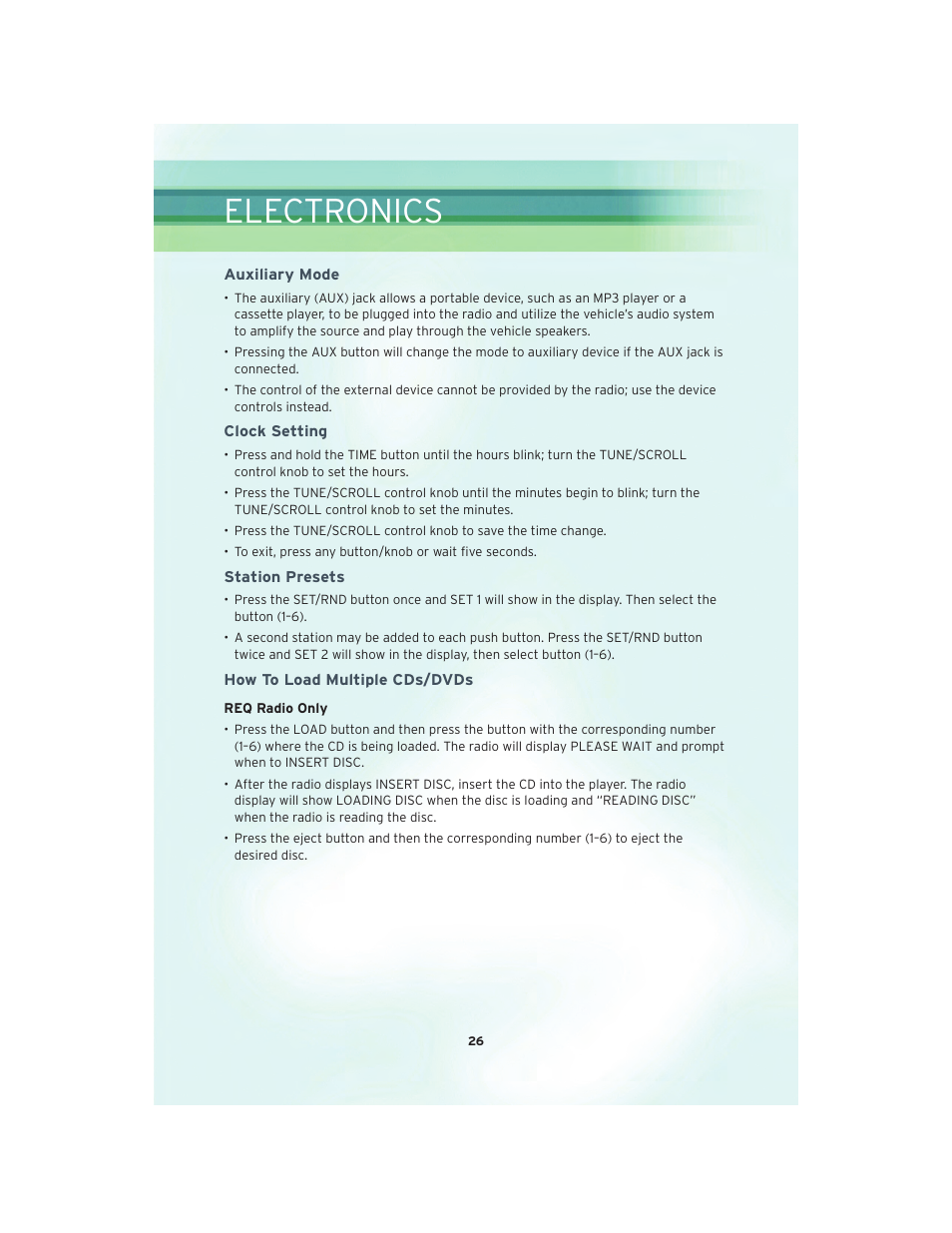 Auxiliary mode, Clock setting, Station presets | How to load multiple cds/dvds, Electronics | Chrysler 2010 Sebring - User Guide User Manual | Page 28 / 76