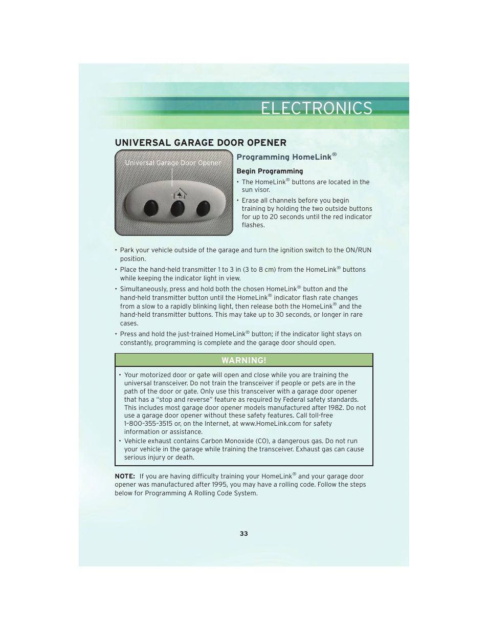Universal garage door opener, Programming homelink, Electronics | Warning | Chrysler 2010 Sebring - User Guide User Manual | Page 35 / 76