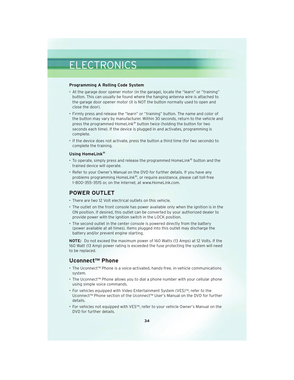 Power outlet, Uconnect™ phone, Electronics | Chrysler 2010 Sebring - User Guide User Manual | Page 36 / 76