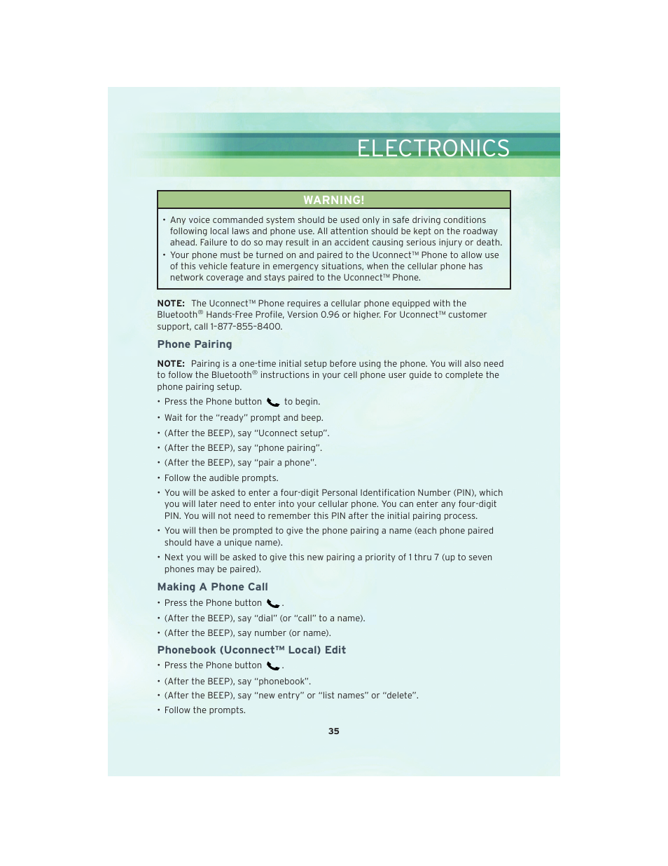 Phone pairing, Making a phone call, Phonebook (uconnect™ local) edit | Electronics, Warning | Chrysler 2010 Sebring - User Guide User Manual | Page 37 / 76