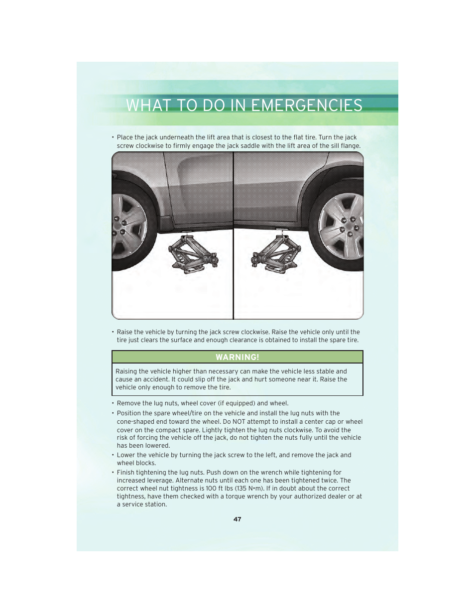What to do in emergencies | Chrysler 2010 Sebring - User Guide User Manual | Page 49 / 76