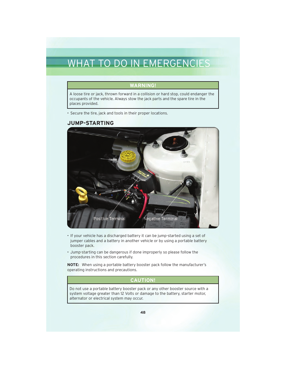 Jump-starting, What to do in emergencies | Chrysler 2010 Sebring - User Guide User Manual | Page 50 / 76