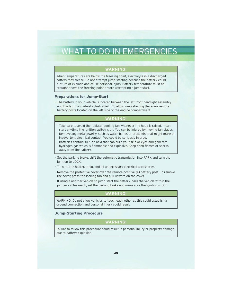 Preparations for jump-start, Jump-starting procedure, What to do in emergencies | Chrysler 2010 Sebring - User Guide User Manual | Page 51 / 76