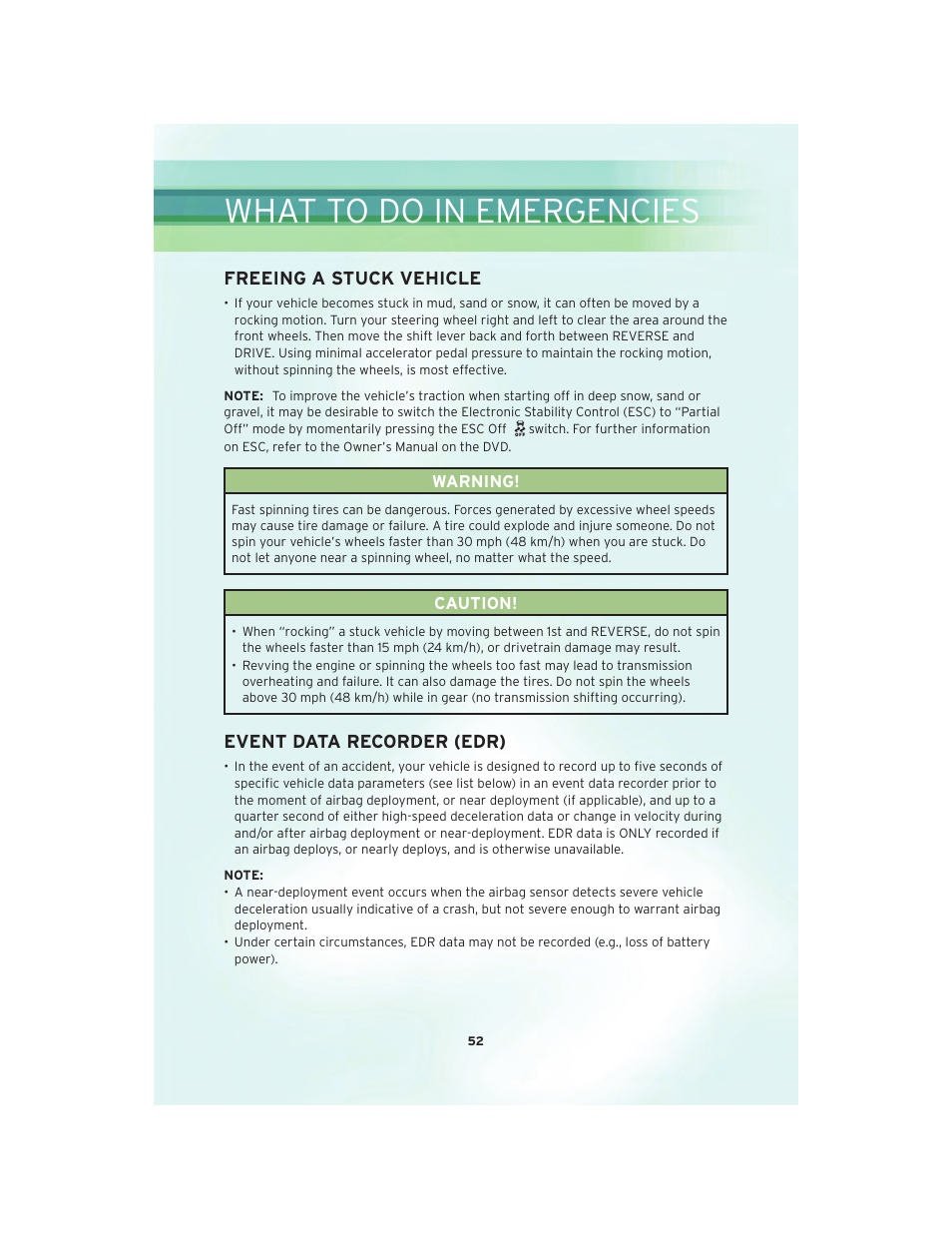 Freeing a stuck vehicle, Event data recorder (edr), What to do in emergencies | Chrysler 2010 Sebring - User Guide User Manual | Page 54 / 76