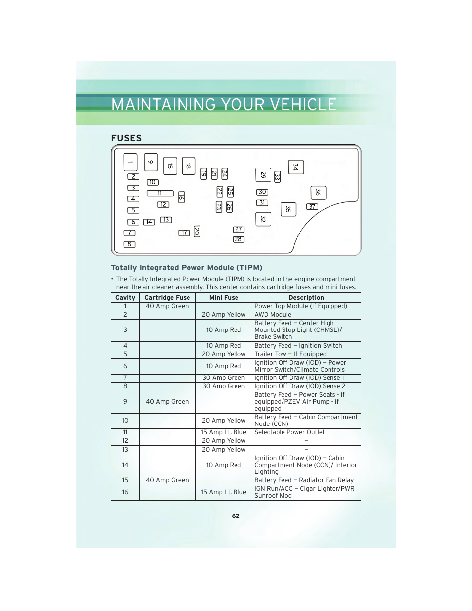 Fuses, Totally integrated power module (tipm), Maintaining your vehicle | Chrysler 2010 Sebring - User Guide User Manual | Page 64 / 76