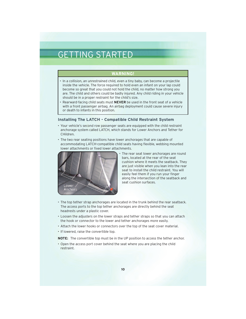 Getting started | Chrysler 2010 Sebring Convertible - User Guide User Manual | Page 12 / 76