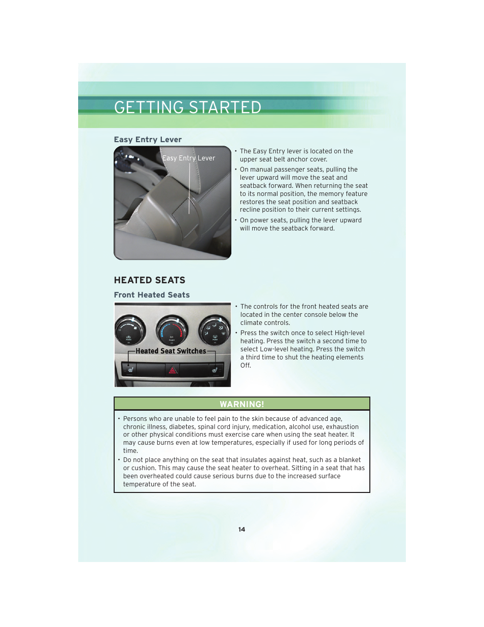 Easy entry lever, Heated seats, Front heated seats | Getting started | Chrysler 2010 Sebring Convertible - User Guide User Manual | Page 16 / 76