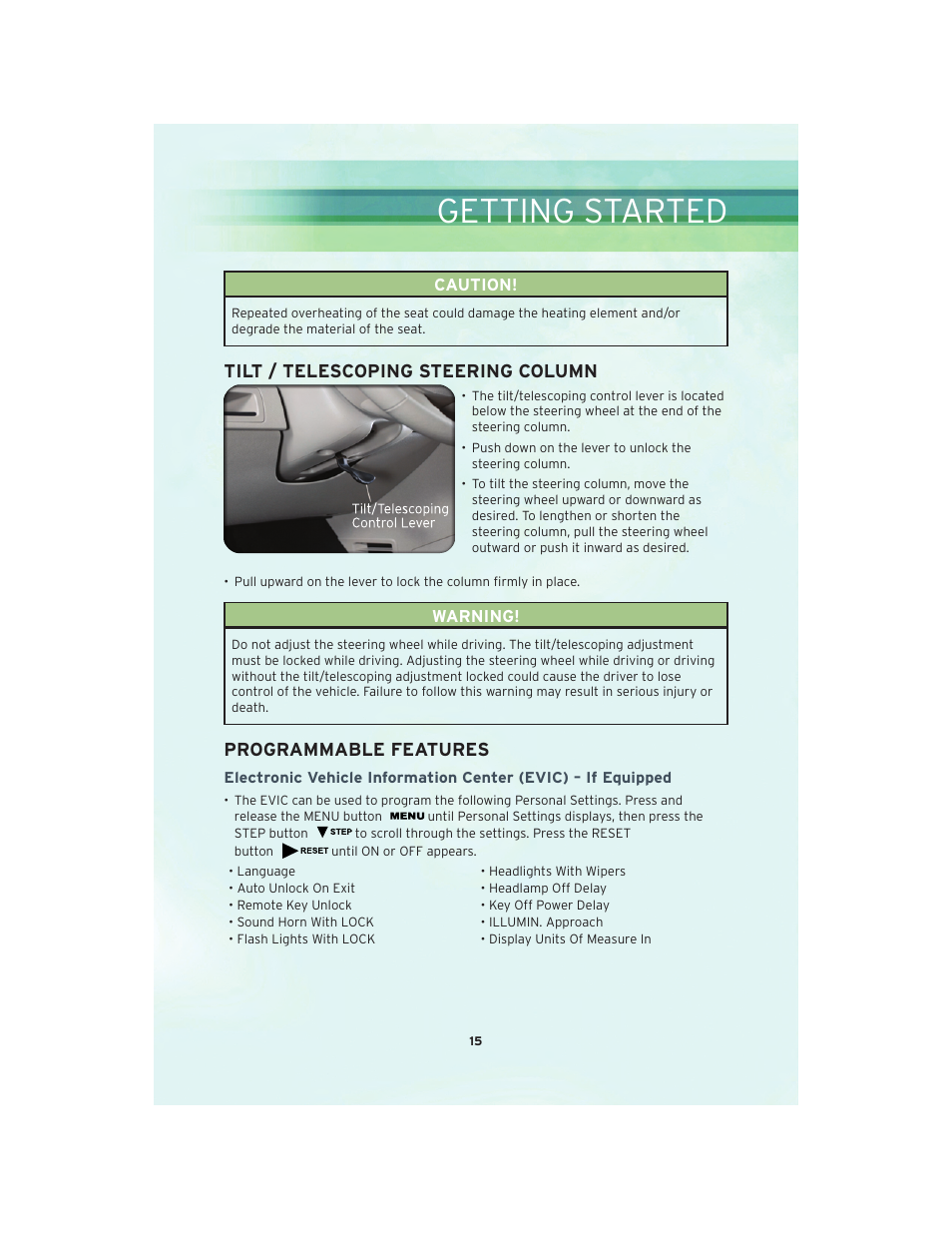 Tilt / telescoping steering column, Programmable features, Getting started | Chrysler 2010 Sebring Convertible - User Guide User Manual | Page 17 / 76