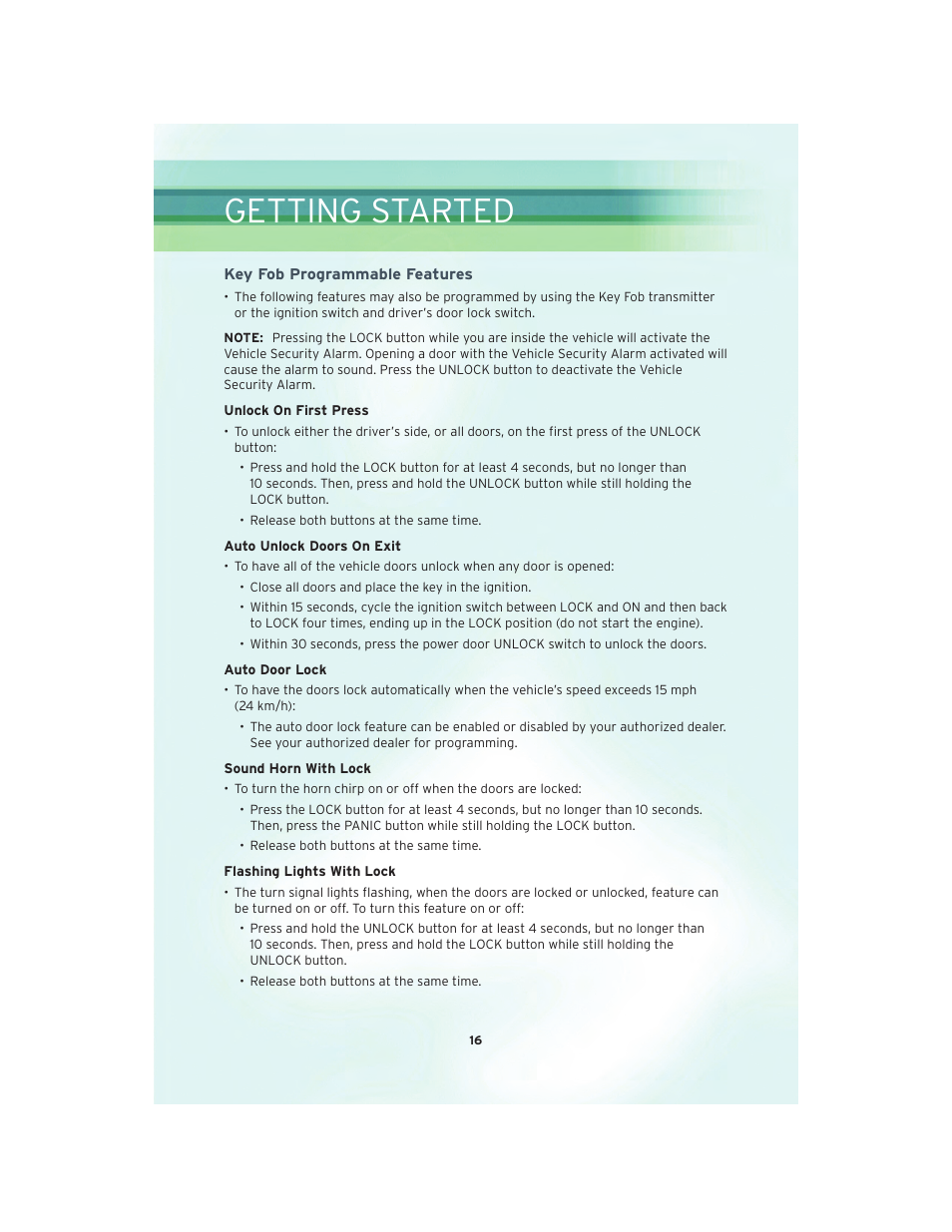 Key fob programmable features, Getting started | Chrysler 2010 Sebring Convertible - User Guide User Manual | Page 18 / 76