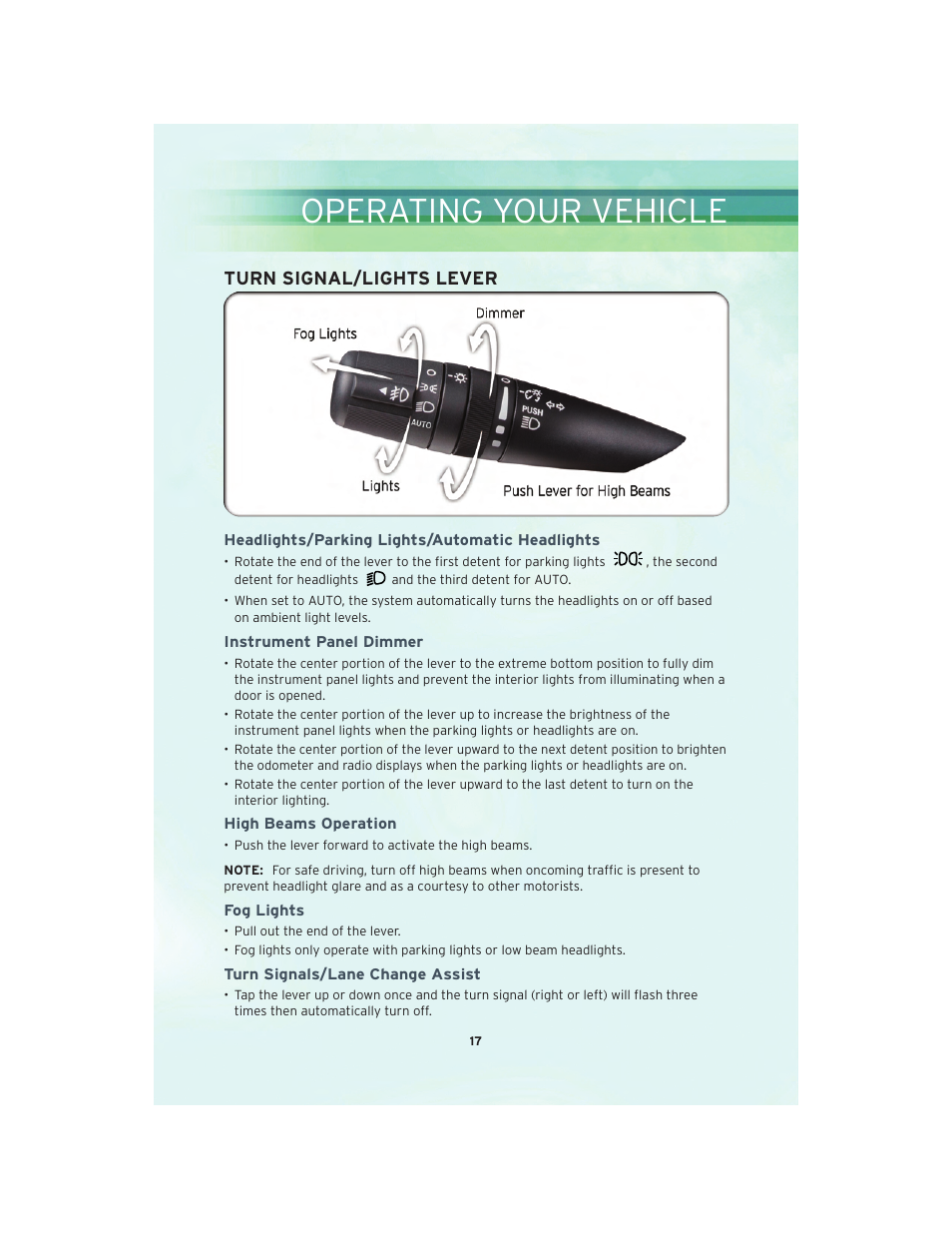 Operating your vehicle, Turn signal/lights lever, Headlights/parking lights/automatic headlights | Instrument panel dimmer, High beams operation, Fog lights, Turn signals/lane change assist | Chrysler 2010 Sebring Convertible - User Guide User Manual | Page 19 / 76