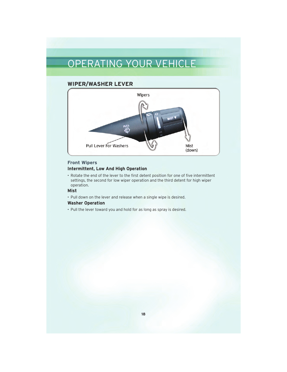 Wiper/washer lever, Front wipers, Operating your vehicle | Chrysler 2010 Sebring Convertible - User Guide User Manual | Page 20 / 76