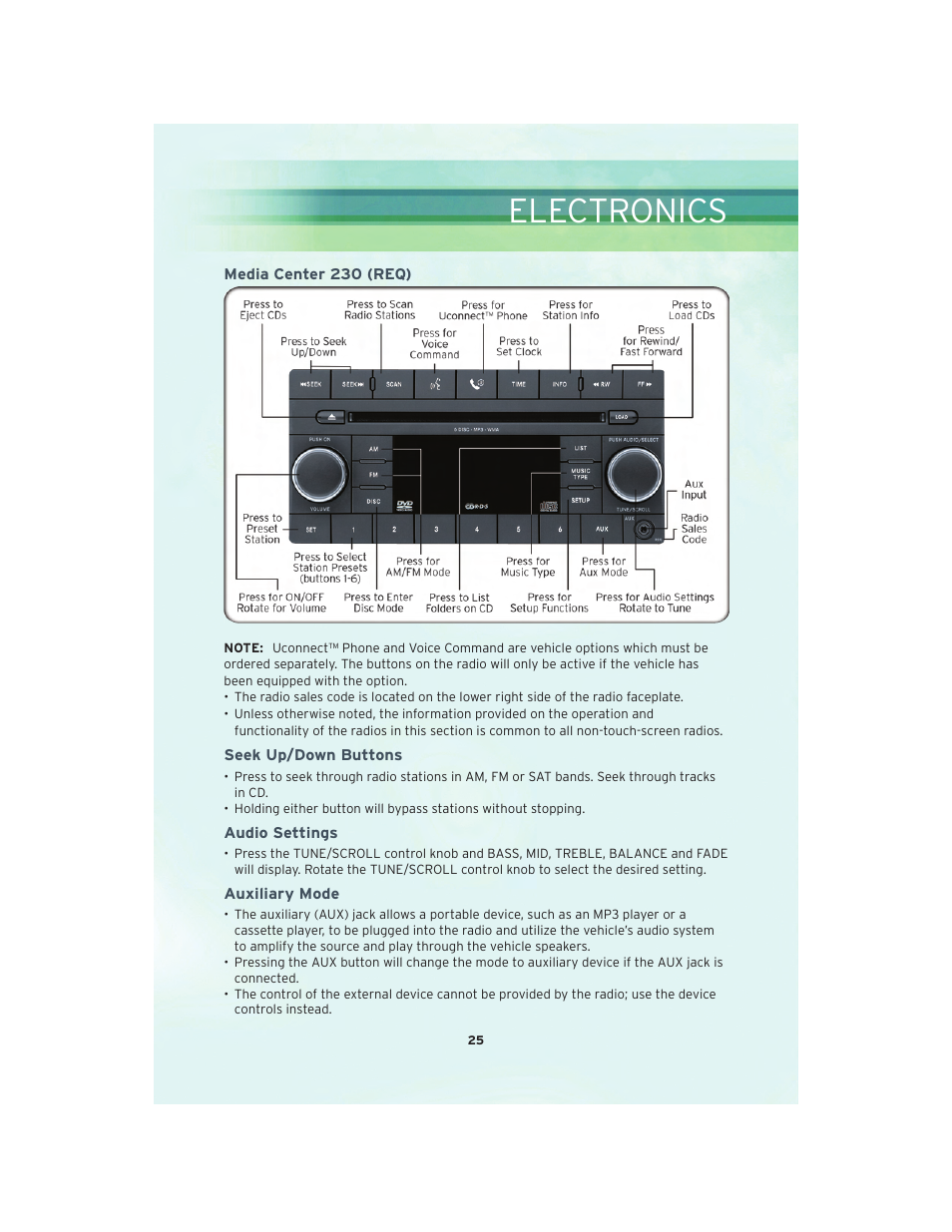 Media center 230 (req), Seek up/down buttons, Audio settings | Auxiliary mode, Electronics | Chrysler 2010 Sebring Convertible - User Guide User Manual | Page 27 / 76
