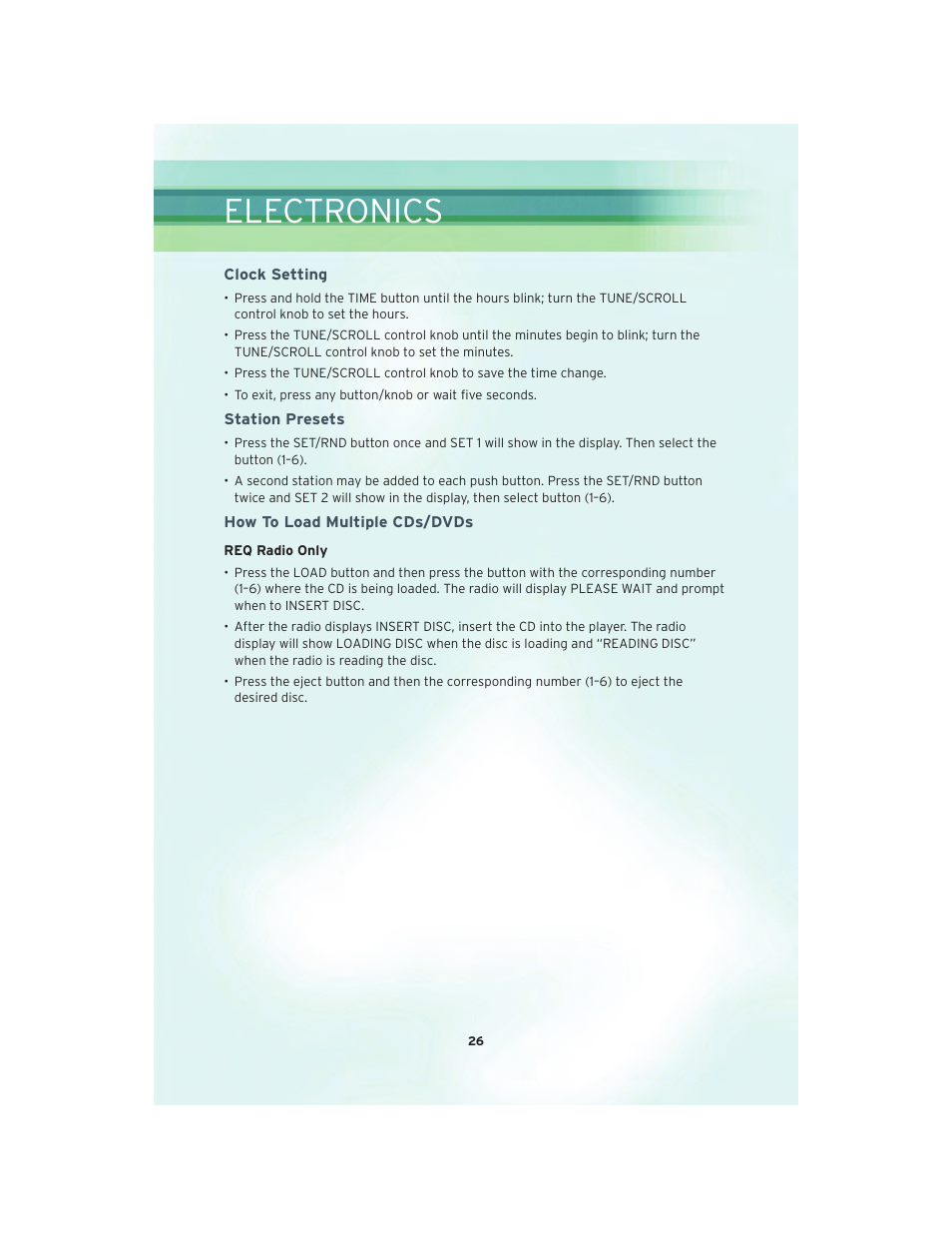 Clock setting, Station presets, How to load multiple cds/dvds | Electronics | Chrysler 2010 Sebring Convertible - User Guide User Manual | Page 28 / 76