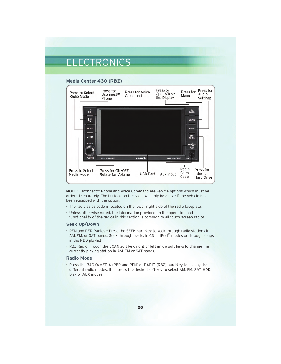 Media center 430 (rbz), Seek up/down, Radio mode | Electronics | Chrysler 2010 Sebring Convertible - User Guide User Manual | Page 30 / 76