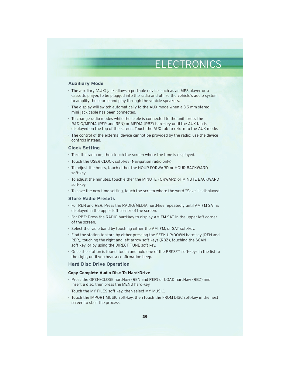 Auxiliary mode, Clock setting, Store radio presets | Hard disc drive operation, Electronics | Chrysler 2010 Sebring Convertible - User Guide User Manual | Page 31 / 76