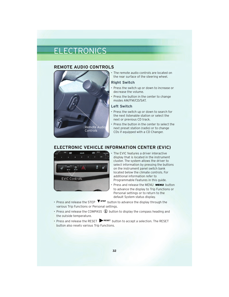 Remote audio controls, Right switch, Left switch | Electronic vehicle information center (evic), Electronics | Chrysler 2010 Sebring Convertible - User Guide User Manual | Page 34 / 76