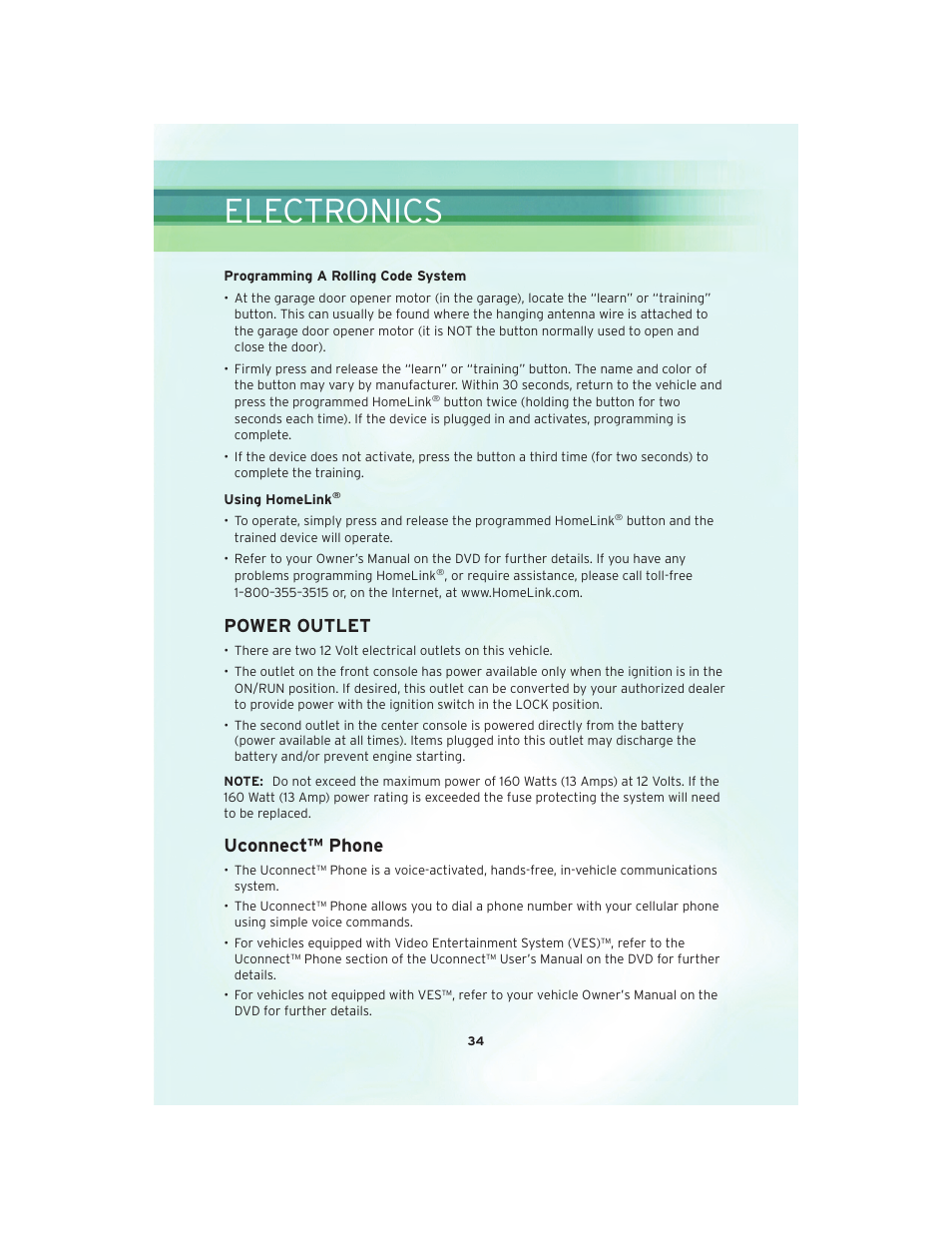Power outlet, Uconnect™ phone, Electronics | Chrysler 2010 Sebring Convertible - User Guide User Manual | Page 36 / 76
