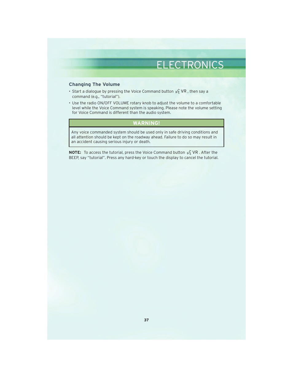 Changing the volume, Electronics | Chrysler 2010 Sebring Convertible - User Guide User Manual | Page 39 / 76