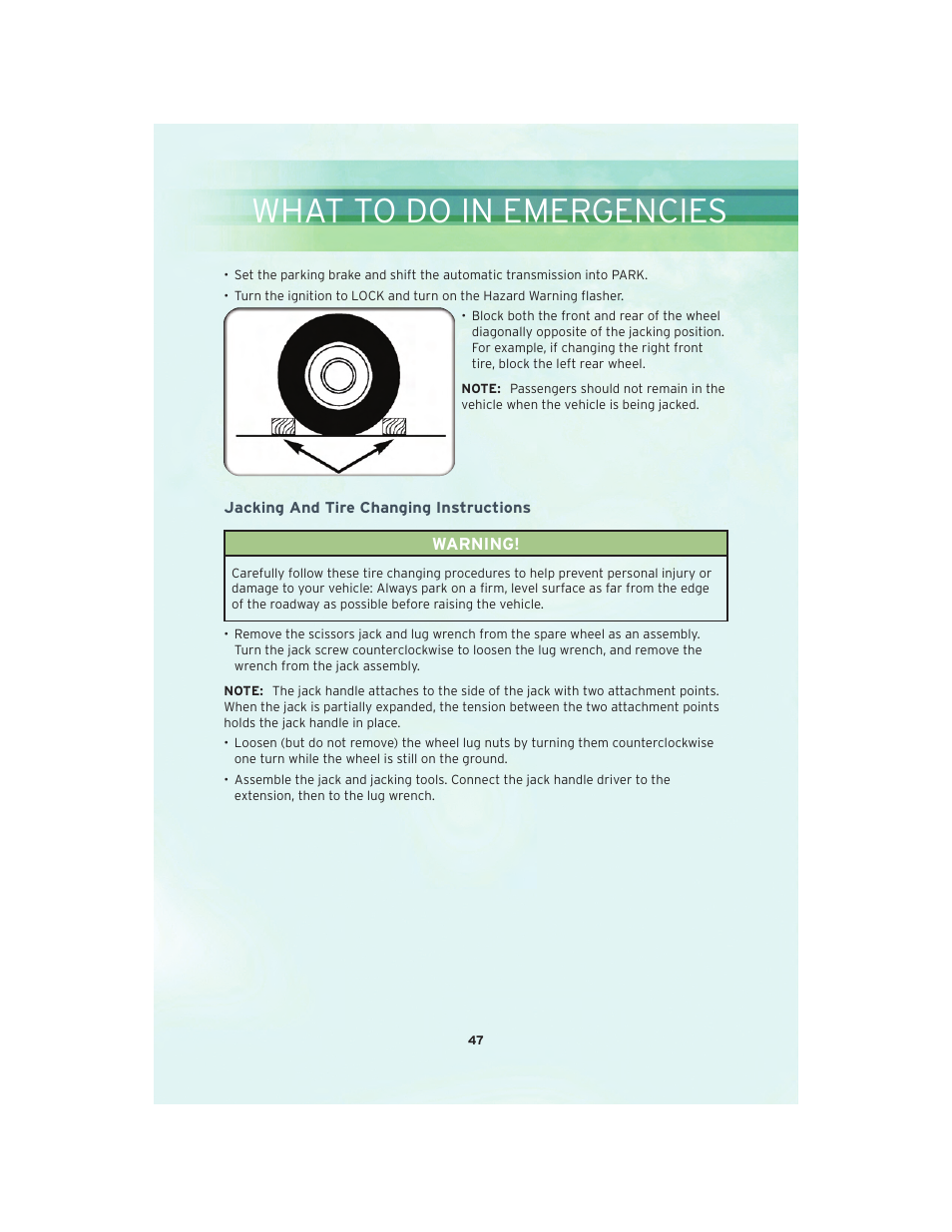 Jacking and tire changing instructions, What to do in emergencies | Chrysler 2010 Sebring Convertible - User Guide User Manual | Page 49 / 76