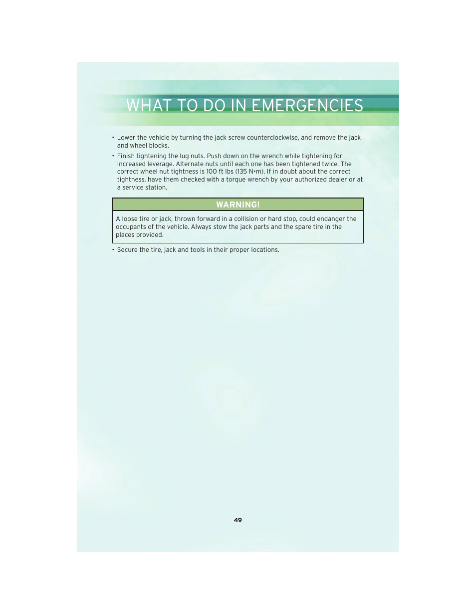 What to do in emergencies | Chrysler 2010 Sebring Convertible - User Guide User Manual | Page 51 / 76