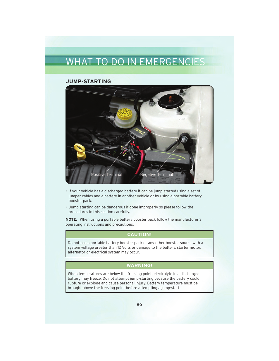 Jump-starting, What to do in emergencies | Chrysler 2010 Sebring Convertible - User Guide User Manual | Page 52 / 76