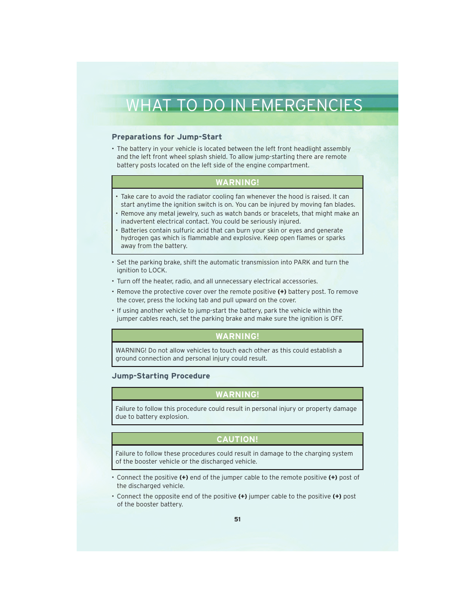 Preparations for jump-start, Jump-starting procedure, What to do in emergencies | Chrysler 2010 Sebring Convertible - User Guide User Manual | Page 53 / 76