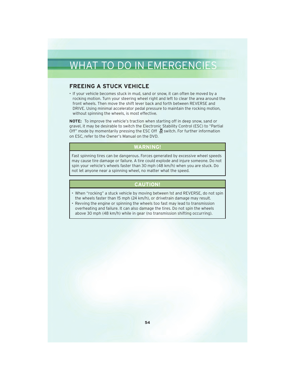 Freeing a stuck vehicle, What to do in emergencies | Chrysler 2010 Sebring Convertible - User Guide User Manual | Page 56 / 76