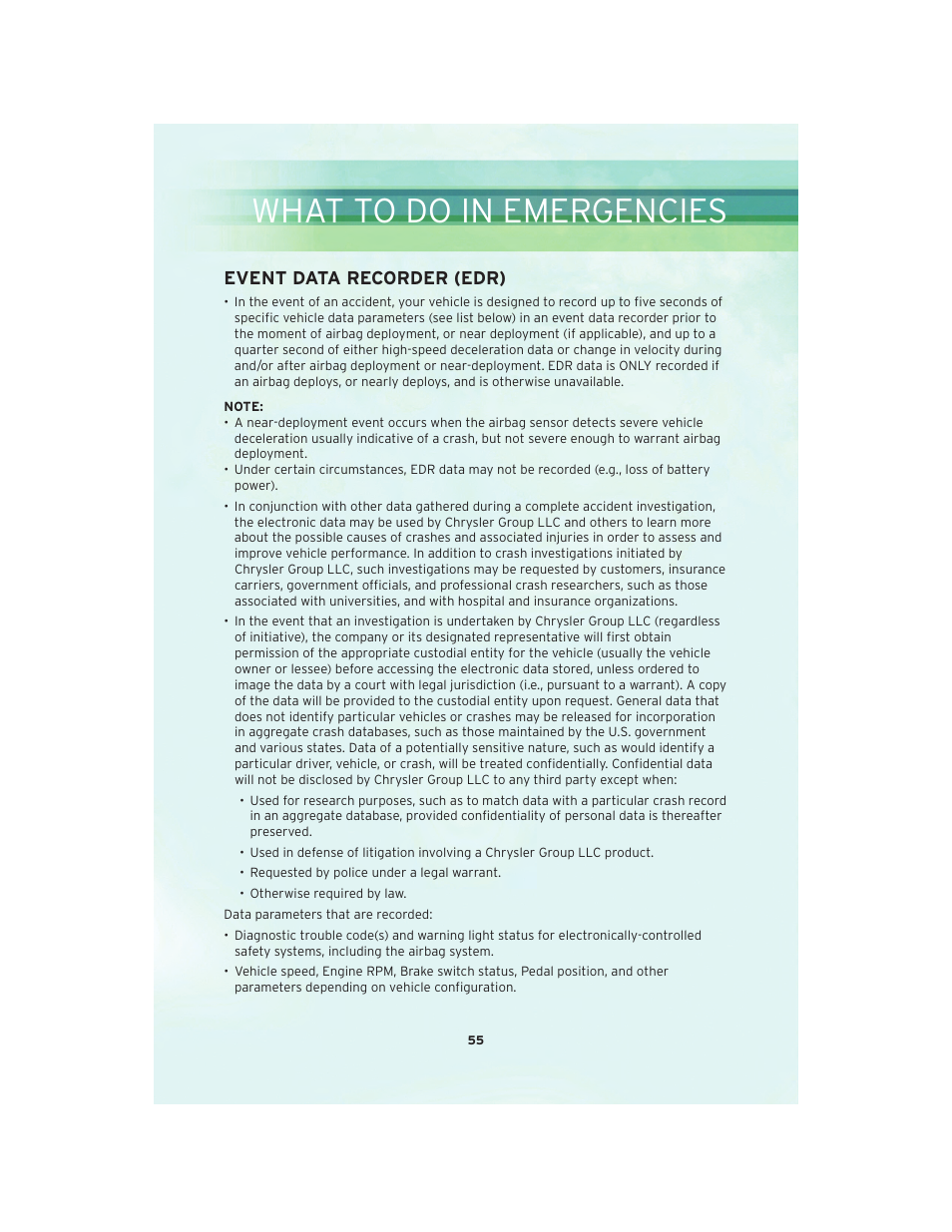 Event data recorder (edr), What to do in emergencies | Chrysler 2010 Sebring Convertible - User Guide User Manual | Page 57 / 76