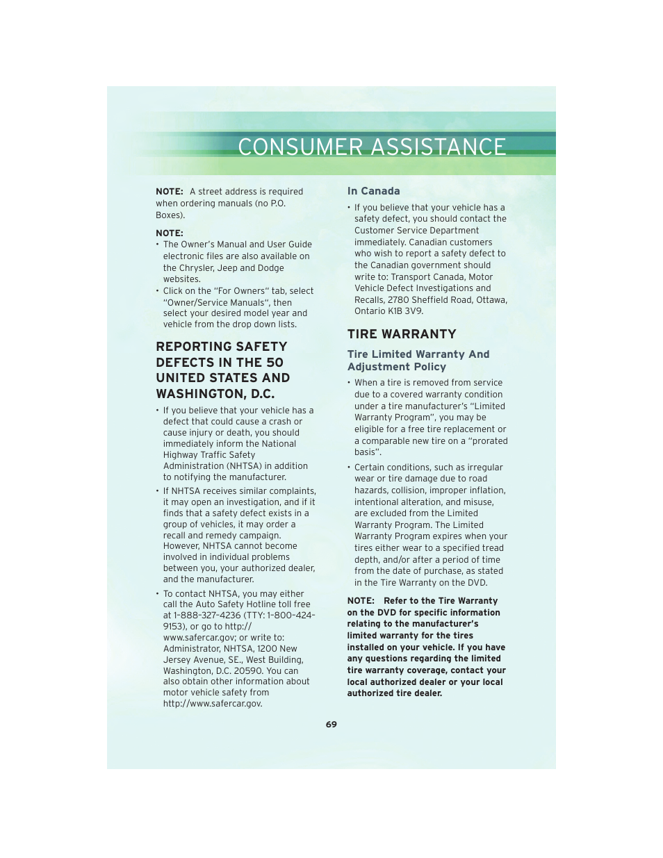 In canada, Tire warranty, Tire limited warranty and adjustment policy | Consumer assistance | Chrysler 2010 Sebring Convertible - User Guide User Manual | Page 71 / 76