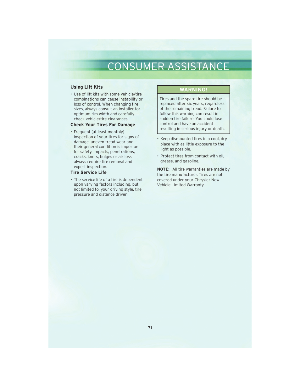 Consumer assistance | Chrysler 2010 Sebring Convertible - User Guide User Manual | Page 73 / 76