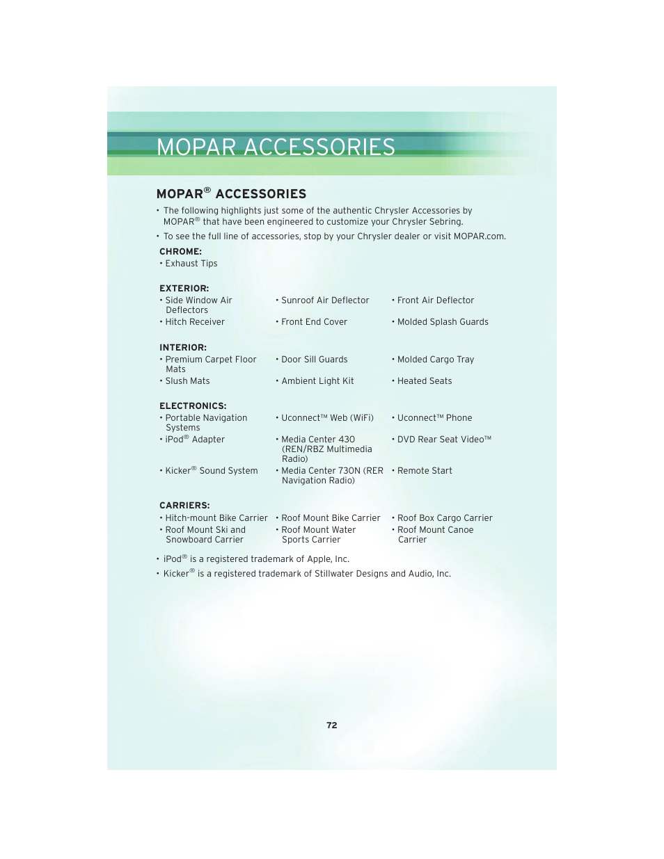 Mopar accessories, Mopar® accessories, Mopar | Accessories | Chrysler 2010 Sebring Convertible - User Guide User Manual | Page 74 / 76