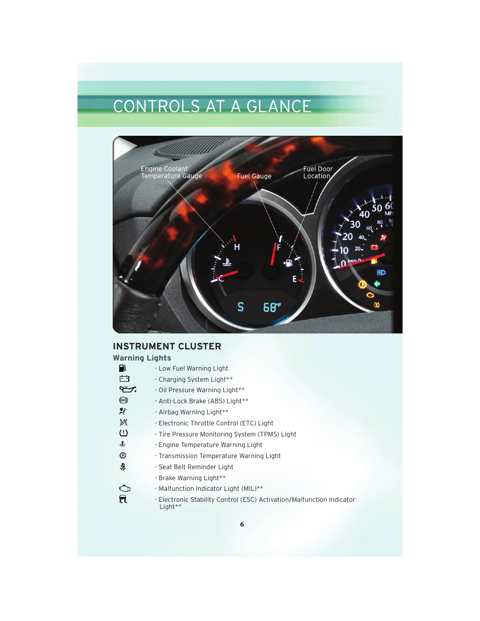 Instrument cluster, Warning lights, Controls at a glance | Chrysler 2010 Sebring Convertible - User Guide User Manual | Page 8 / 76