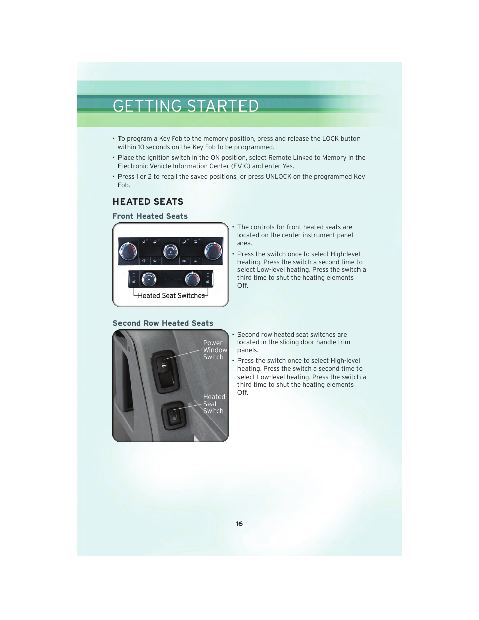 Heated seats, Front heated seats, Second row heated seats | Getting started | Chrysler 2010 Country - User Guide User Manual | Page 18 / 92