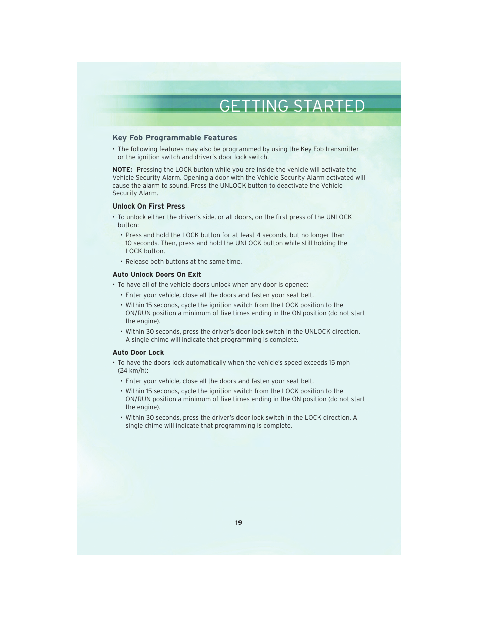 Key fob programmable features, Getting started | Chrysler 2010 Country - User Guide User Manual | Page 21 / 92