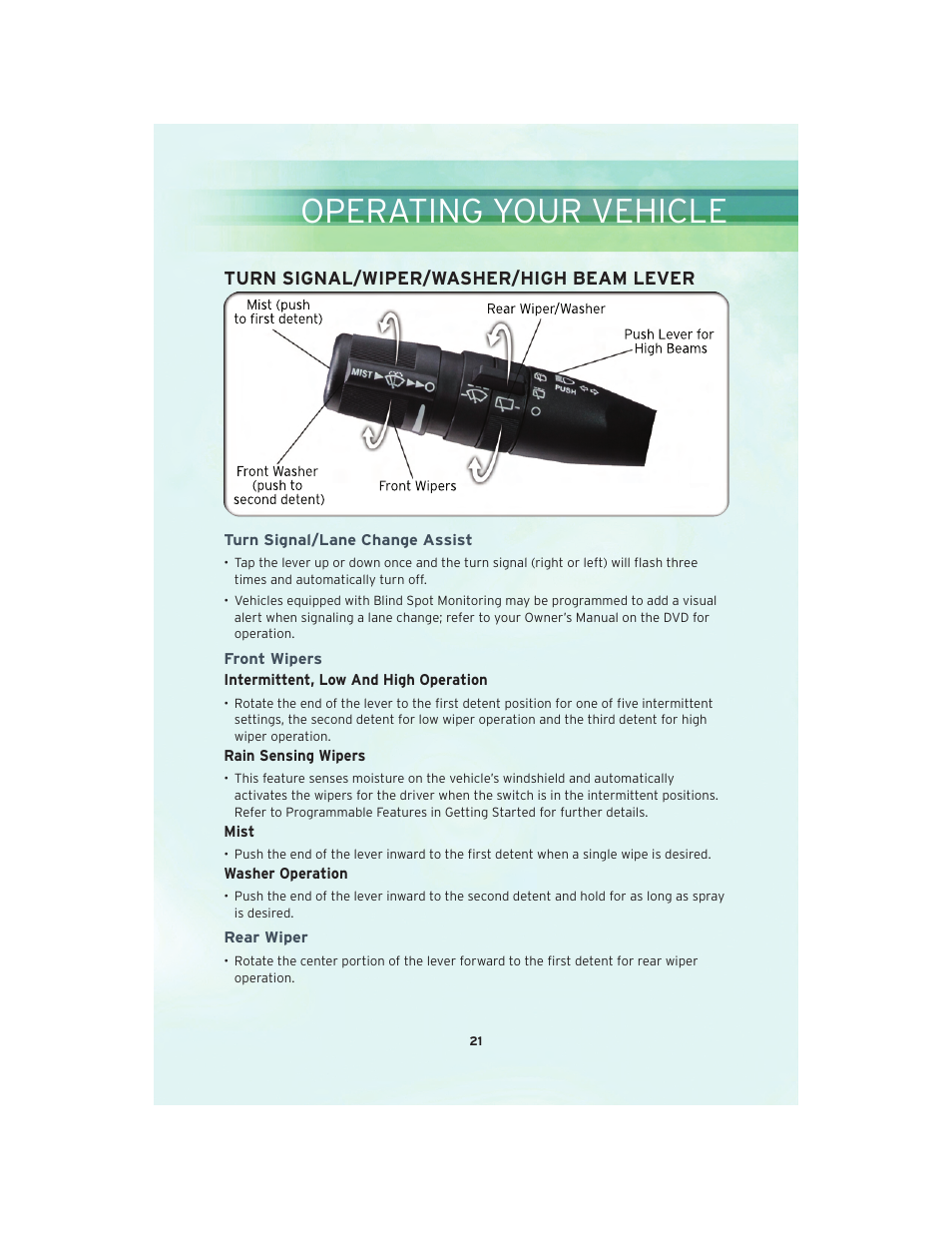 Operating your vehicle, Turn signal/wiper/washer/high beam lever, Turn signal/lane change assist | Front wipers, Rear wiper | Chrysler 2010 Country - User Guide User Manual | Page 23 / 92