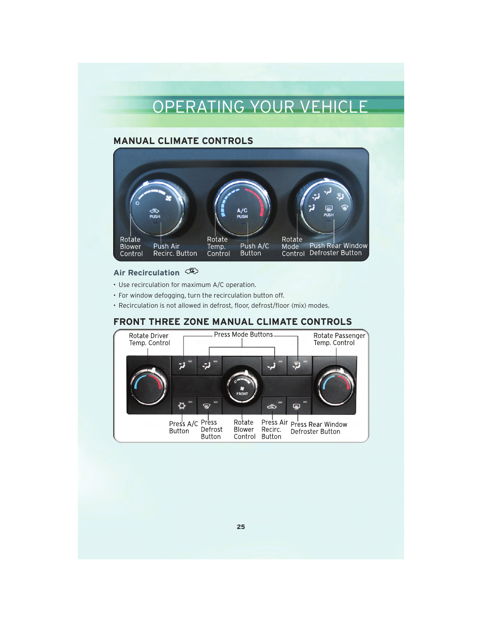 Manual climate controls, Air recirculation, Front three zone manual climate controls | Operating your vehicle | Chrysler 2010 Country - User Guide User Manual | Page 27 / 92