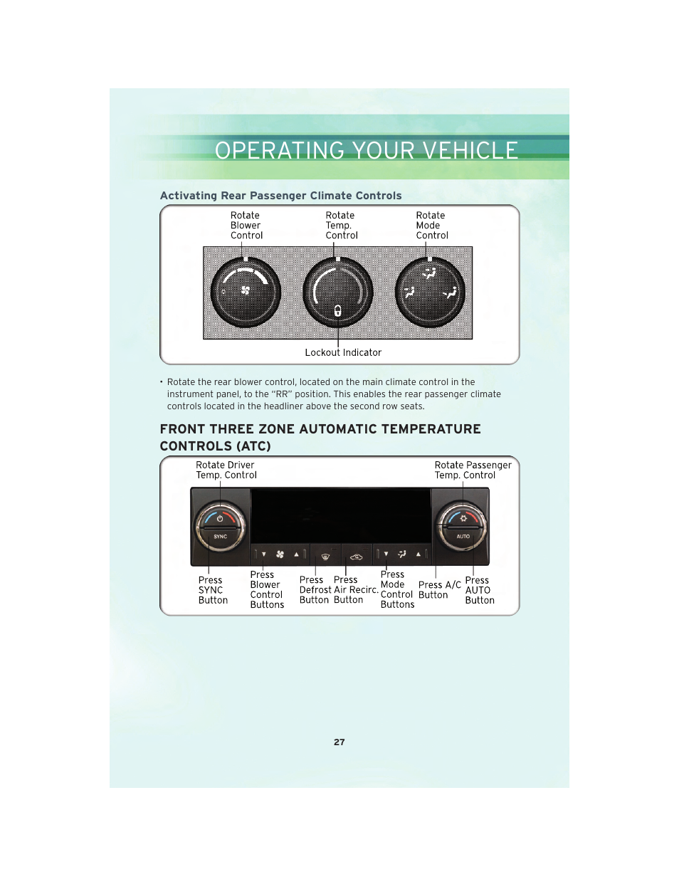 Activating rear passenger climate controls, Operating your vehicle | Chrysler 2010 Country - User Guide User Manual | Page 29 / 92