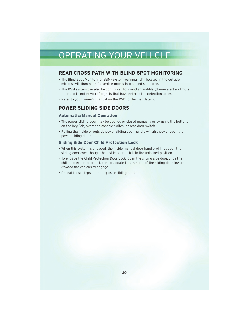Rear cross path with blind spot monitoring, Power sliding side doors, Automatic/manual operation | Sliding side door child protection lock, Operating your vehicle | Chrysler 2010 Country - User Guide User Manual | Page 32 / 92