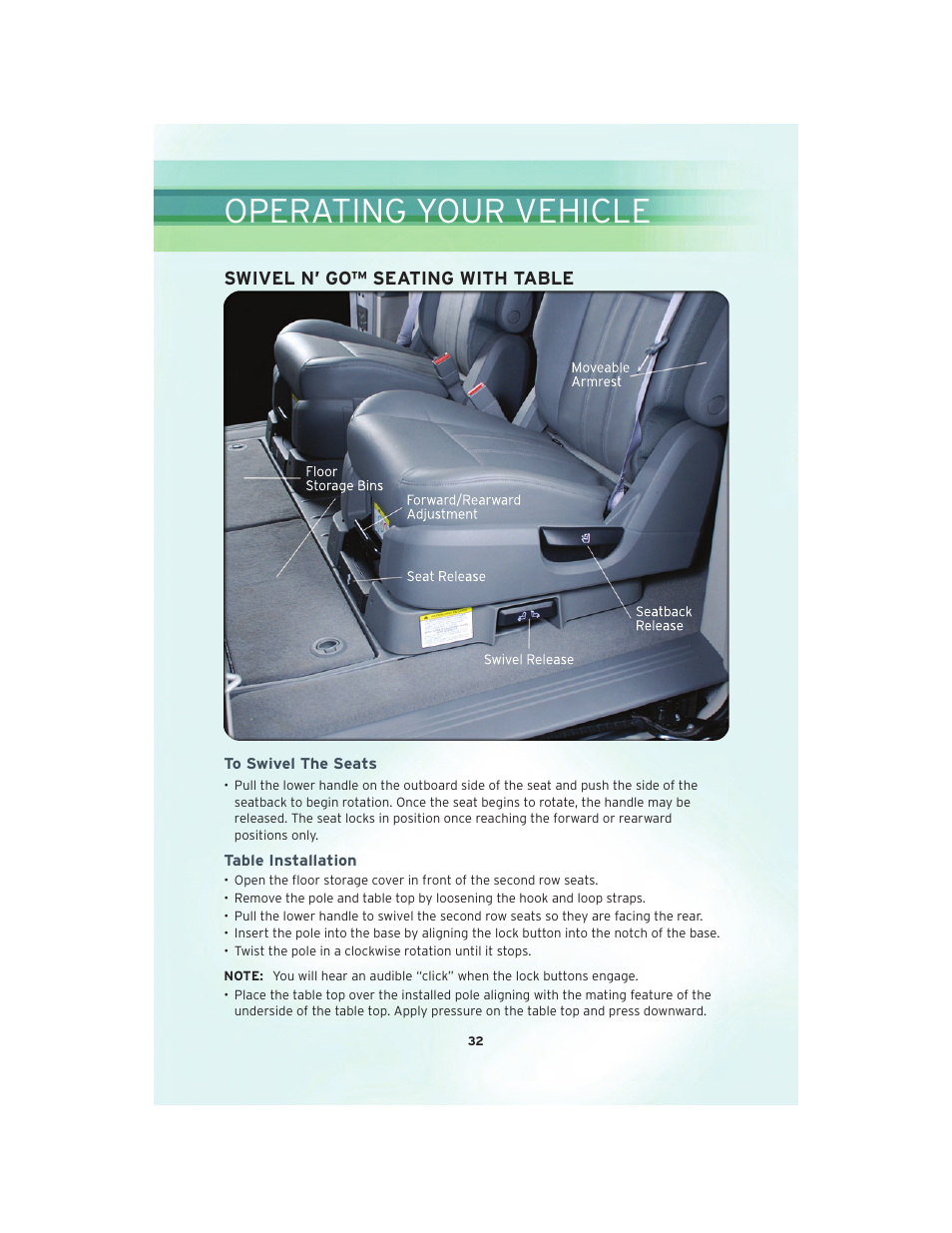 Swivel n’ go™ seating with table, To swivel the seats, Table installation | Operating your vehicle | Chrysler 2010 Country - User Guide User Manual | Page 34 / 92