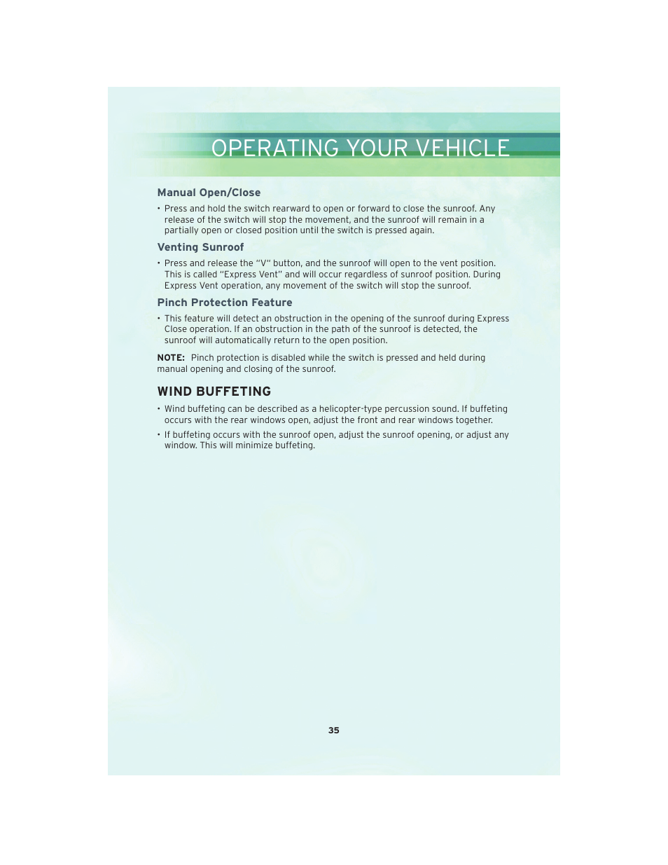 Manual open/close, Venting sunroof, Pinch protection feature | Wind buffeting, Operating your vehicle | Chrysler 2010 Country - User Guide User Manual | Page 37 / 92