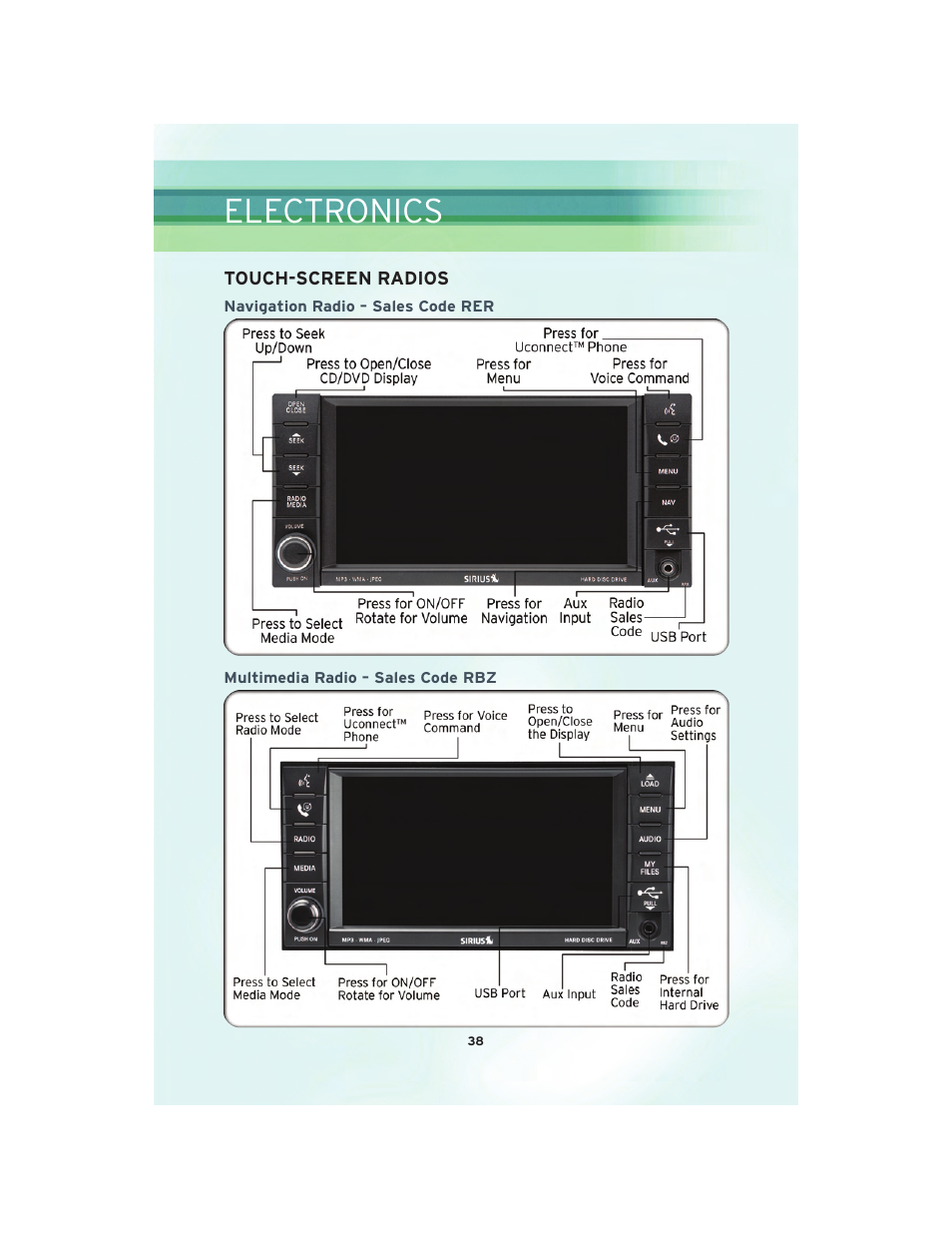 Touch-screen radios, Navigation radio – sales code rer, Multimedia radio – sales code rbz | Electronics | Chrysler 2010 Country - User Guide User Manual | Page 40 / 92