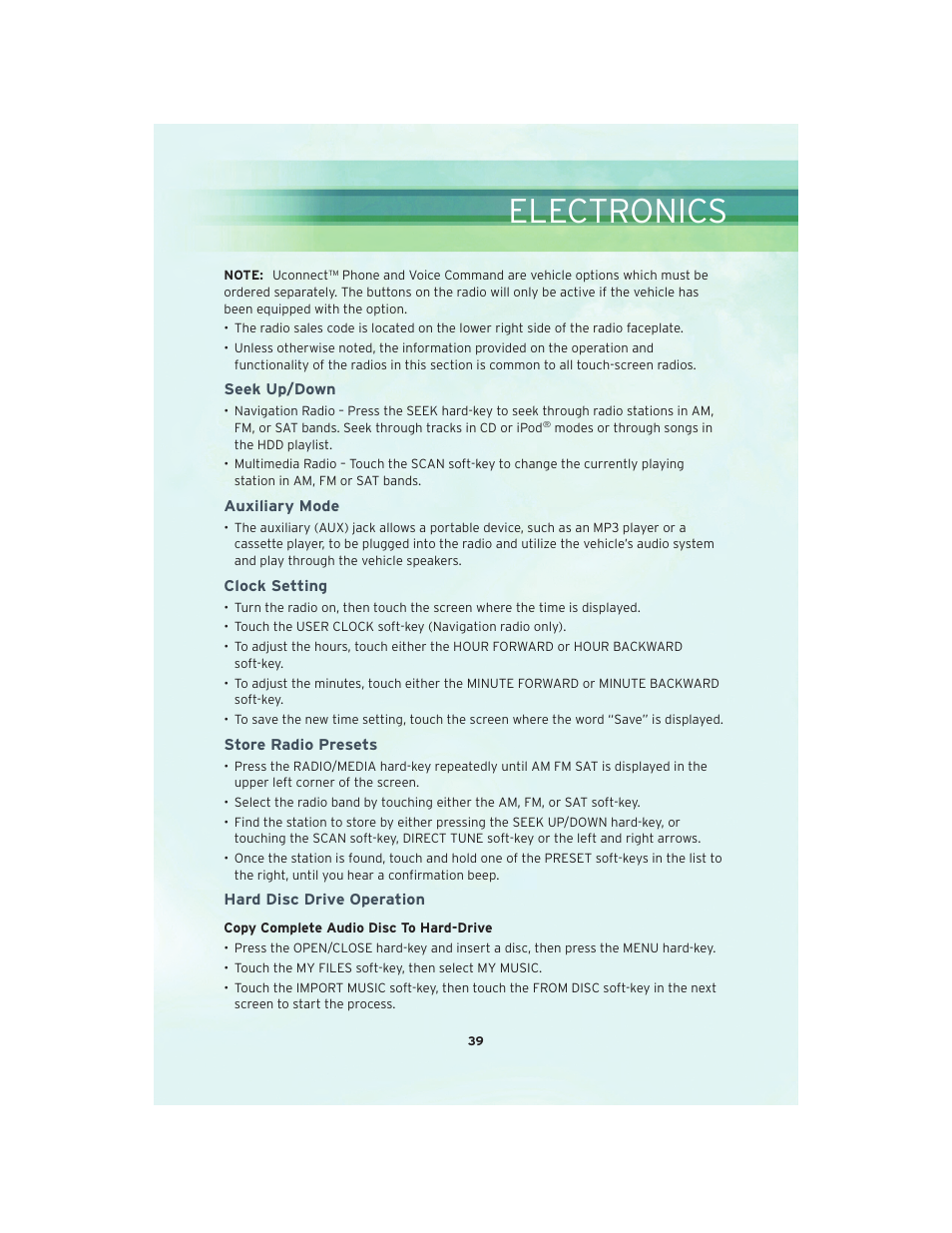 Seek up/down, Auxiliary mode, Clock setting | Store radio presets, Hard disc drive operation, Electronics | Chrysler 2010 Country - User Guide User Manual | Page 41 / 92