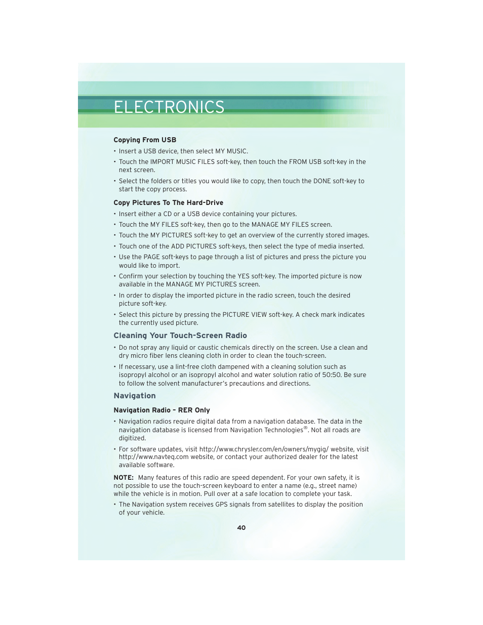 Cleaning your touch-screen radio, Navigation, Electronics | Chrysler 2010 Country - User Guide User Manual | Page 42 / 92