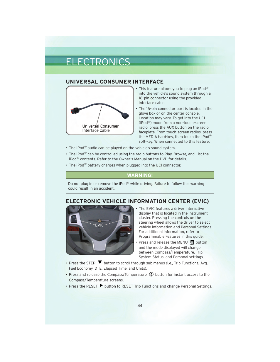 Universal consumer interface, Electronic vehicle information center (evic), Electronics | Warning | Chrysler 2010 Country - User Guide User Manual | Page 46 / 92